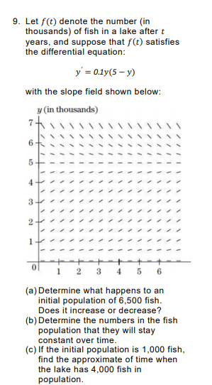 9. Let f(t) denote the number (in
thousands) of fish in a lake after t
years, and suppose that f(t) satisfies
the differential equation:
y' = 0.1y(5 – y)
with the slope field shown below:
y (in thousands)
6-
5-
4
3
(a) Determine what happens to an
initial population of 6,500 fish.
Does it increase or decrease?
(b) Determine the numbers in the fish
population that they will stay
constant over time.
(c) If the initial population is 1,000 fish,
find the approximate of time when
the lake has 4,000 fish in
population.
