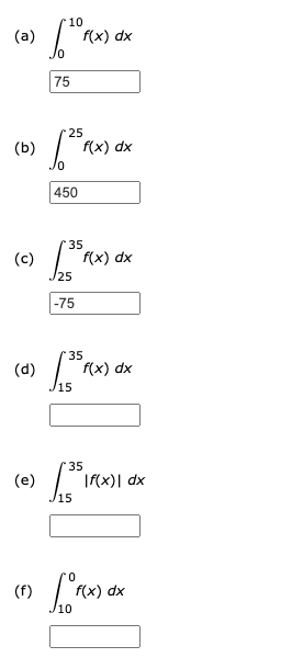 (a)
(b)
(c)
(d)
(e)
(f)
10
[¹0 FO
75
25
[²5F(X)
450
f(x) dx
25
-75
*35
f(x) dx
[
10
f(x) dx
(X
35
[35F
f(x) dx
35
[351F
If(x)| dx
f(x) dx