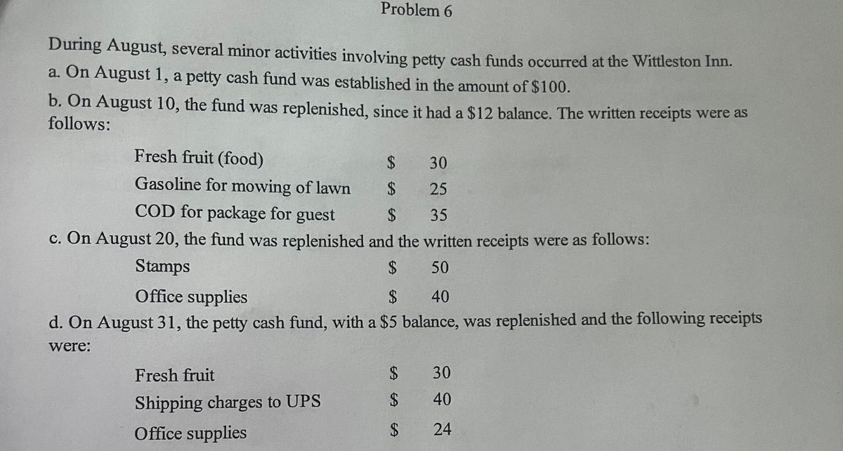 Problem 6
During August, several minor activities involving petty cash funds occurred at the Wittleston Inn.
a. On August 1, a petty cash fund was established in the amount of $100.
b. On August 10, the fund was replenished, since it had a $12 balance. The written receipts were as
follows:
Fresh fruit (food)
30
Gasoline for mowing of lawn
25
COD for package for guest
$ 35
c. On August 20, the fund was replenished and the written receipts were as follows:
Stamps
$
50
Fresh fruit
Shipping charges to UPS
Office supplies
$
SA SA
$
Office supplies
$
40
d. On August 31, the petty cash fund, with a $5 balance, was replenished and the following receipts
were:
$
SA SA
$
$
30
40
24