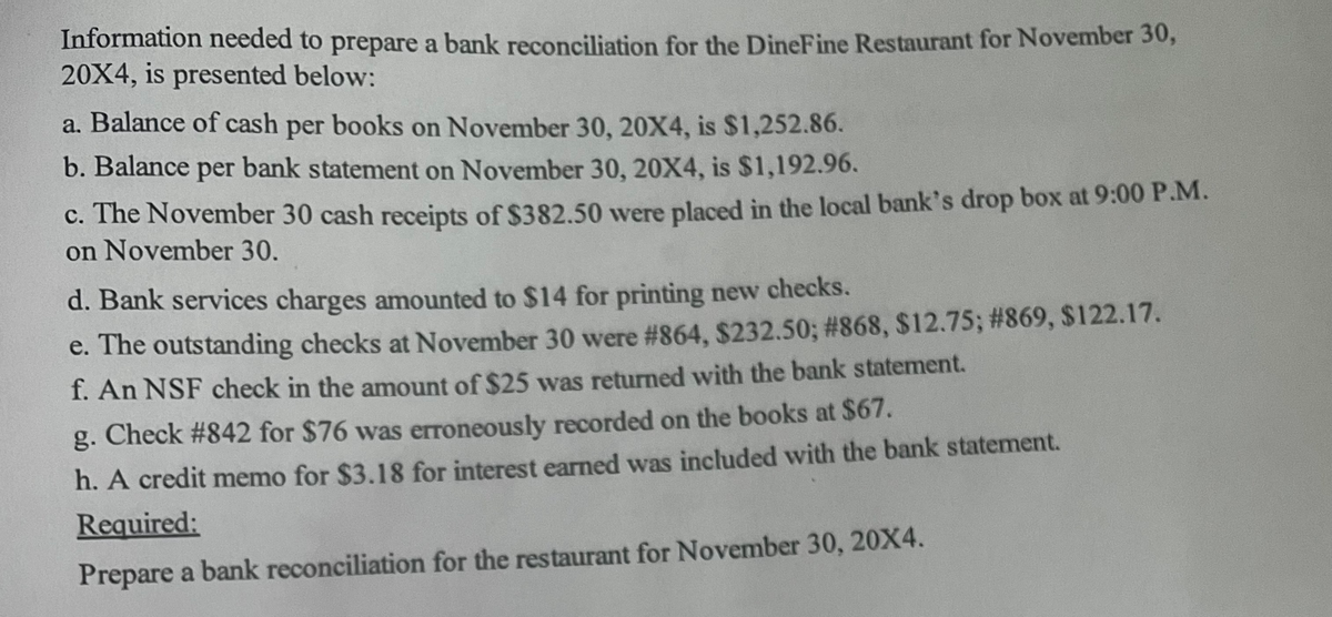 Information needed to prepare a bank reconciliation for the DineFine Restaurant for November 30,
20X4, is presented below:
a. Balance of cash per books on November 30, 20X4, is $1,252.86.
b. Balance per bank statement on November 30, 20X4, is $1,192.96.
c. The November 30 cash receipts of $382.50 were placed in the local bank's drop box at 9:00 P.M.
on November 30.
d. Bank services charges amounted to $14 for printing new checks.
e. The outstanding checks at November 30 were #864, $232.50; # 868, $12.75; #869, $122.17.
f. An NSF check in the amount of $25 was returned with the bank statement.
g. Check #842 for $76 was erroneously recorded on the books at $67.
h. A credit memo for $3.18 for interest earned was included with the bank statement.
Required:
Prepare a bank reconciliation for the restaurant for November 30, 20X4.
