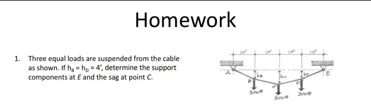1.
Homework
Three equal loads are suspended from the cable
as shown. If h = h₁ = 4', determine the support
components at E and the sag at point C.
Jo'
101
101
10
300#
The
Th
E
0
T
300#
300#