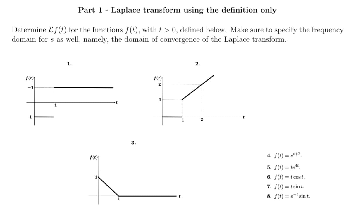 Part 1 Laplace transform using the definition only
Determine Lf(t) for the functions f(t), with t > 0, defined below. Make sure to specify the frequency
domain for s as well, namely, the domain of convergence of the Laplace transform.
f(t)
1.
f(t)
t
3.
f(t)
2
1
1
2.
2
4. f(t)=e¹+7.
5. f(t) = test.
6. f(t) = tcost.
7. f(t) = t sint.
8. f(t) et sin t.