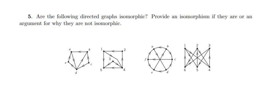 5. Are the following directed graphs isomorphic? Provide an isomorphism if they are or an
argument for why they are not isomorphic.
