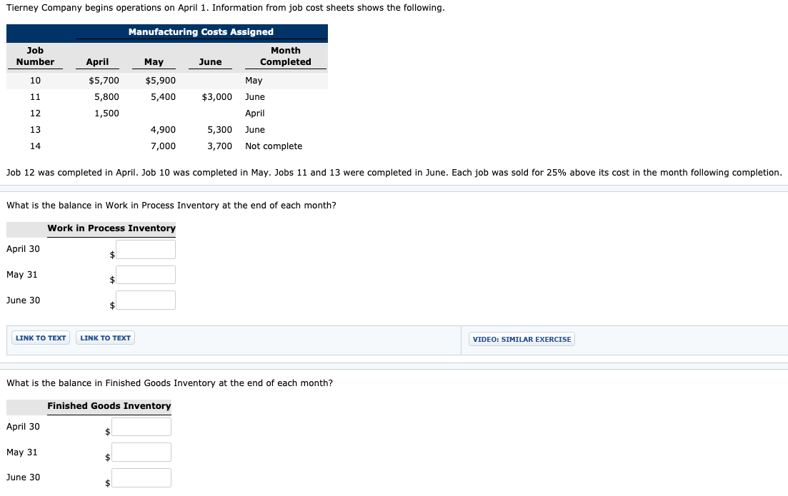 Tierney Company begins operations on April 1. Information from job cost sheets shows the following.
Manufacturing Costs Assigned
Job
Month
Number
April
May
June
Completed
10
$5,700
$5,900
May
11
5,800
5,400
$3,000 June
12
1,500
April
13
4,900
5,300 June
14
7,000
3,700 Not complete
Job 12 was completed in April. Job 10 was completed in May. Jobs 11 and 13 were completed in June. Each job was sold for 25% above its cost in the month following completion
What is the balance in Work in Process Inventory at the end of each month?
Work in Process Inventory
April 30
$
May 31
24
June 30
$4
LINK TO TEXT
LINK TO TEXT
VIDEO: SIMILAR EXERCISE
What is the balance in Finished Goods Inventory at the end of each month?
Finished Goods Inventory
April 30
May 31
$4
June 30
2$
