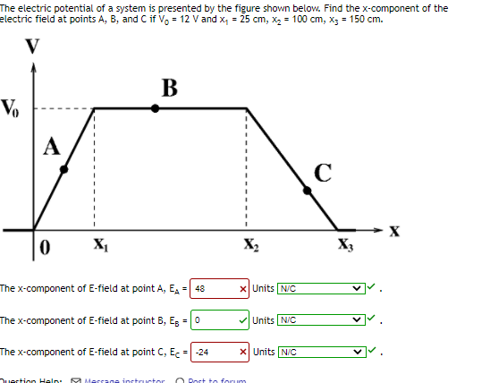 The electric potential of a system is presented by the figure shown below. Find the x-component of the
electric field at points A, B, and C if V, = 12 V and x, = 25 cm, x2 = 100 cm, x3 = 150 cm.
В
V.
А
C
X1
X2
X3
The x-component of E-field at point A, E = 48
x Units N/C
The x-component of E-field at point B, Eg =0
VUnits N/C
The x-component of E-field at point C, Ec = -24
X Units N/C
Duestion Heln: R Message instructor O Pnst to forum
