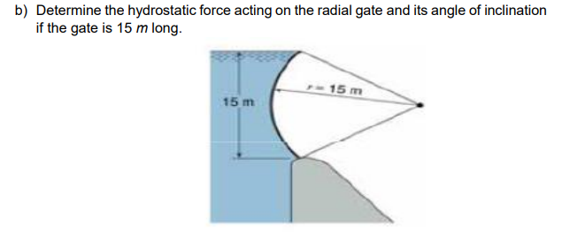 b) Determine the hydrostatic force acting on the radial gate and its angle of inclination
if the gate is 15 m long.
-- 15 m
15 m
