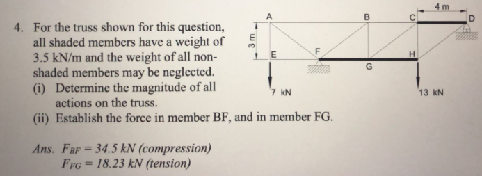 4 m
4. For the truss shown for this question,
all shaded members have a weight of
3.5 kN/m and the weight of all non-
shaded members may be neglected.
(i) Determine the magnitude of all
actions on the truss.
7 kN
13 kN
(ii) Establish the force in member BF, and in member FG.
Ans. FBF = 34.5 kN (compression)
FFG = 18.23 kN (tension)
%3D
