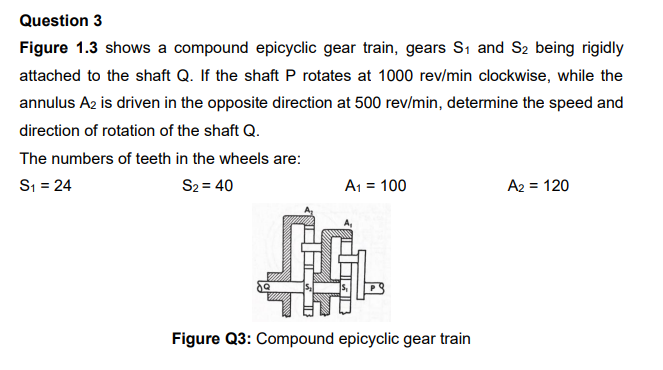 Question 3
Figure 1.3 shows a compound epicyclic gear train, gears S, and S2 being rigidly
attached to the shaft Q. If the shaft P rotates at 1000 rev/min clockwise, while the
annulus A2 is driven in the opposite direction at 500 rev/min, determine the speed and
direction of rotation of the shaft Q.
The numbers of teeth in the wheels are:
S, = 24
S2 = 40
A1 = 100
A2 = 120
Figure Q3: Compound epicyclic gear train
