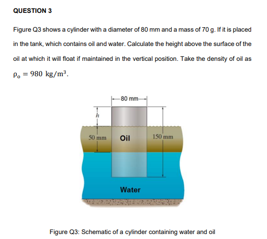 QUESTION 3
Figure Q3 shows a cylinder with a diameter of 80 mm and a mass of 70 g. If it is placed
in the tank, which contains oil and water. Calculate the height above the surface of the
oil at which it will float if maintained in the vertical position. Take the density of oil as
Po = 980 kg/m³.
80 mm-
50 mm
Oil
150 mm
Water
Figure Q3: Schematic of a cylinder containing water and oil
