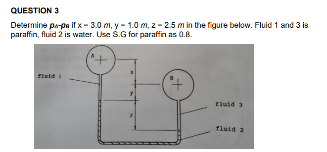 QUESTION 3
Determine pa-PB if x = 3.0 m, y = 1.0 m, z = 2.5 m in the figure below. Fluid 1 and 3 is
paraffin, fluid 2 is water. Use S.G for paraffin as 0.8.
+.
fluid 1
y.
fluid 3
fluid 2
