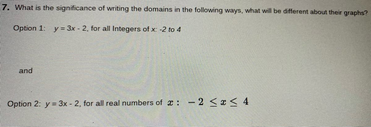 7. What is the significance of writing the domains in the following ways, what will be different about their graphs?
Option 1: y= 3x - 2, for all Integers of x: -2 to 4
and
Option 2: y= 3x - 2, for all real numbers of x: -2 <x 4
