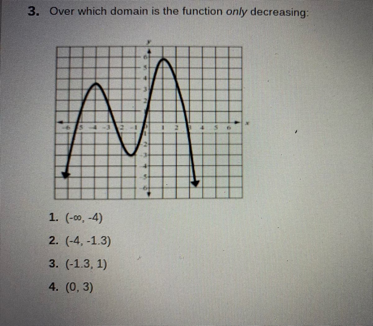 3. Over which domain is the function only decreasing:
1. (-00, -4)
2. (-4, -1.3)
3. (-1.3, 1)
4. (0, 3)
