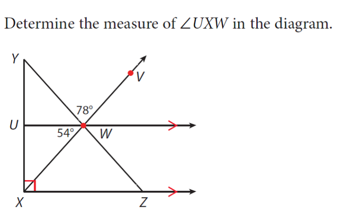 Determine the measure of ZUXW in the diagram.
Y
78°
54
W

