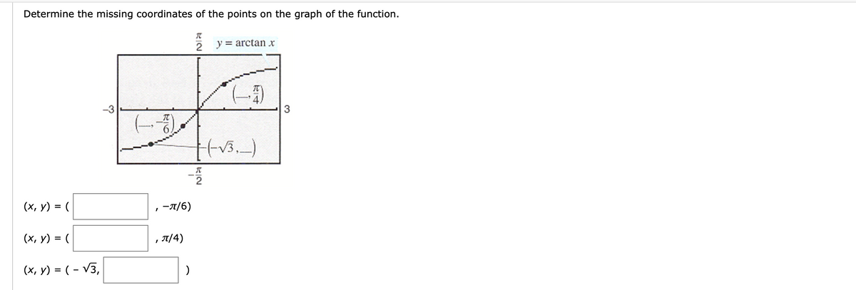 Determine the missing coordinates of the points on the graph of the function.
y = arctan x
(x, y) = (
-п/6)
(х, у) %3D (
, T/4)
(x, y) = ( – V3,
3.
RIN
KIN
