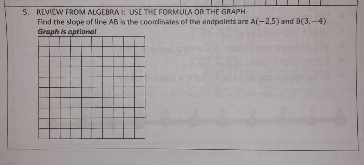 5. REVIEW FROM ALGEBRA I: USE THE FORMULA OR THE GRAPH
Find the slope of line AB is the coordinates of the endpoints are A(-2,5) and B(3,–-4)
Graph is optional
