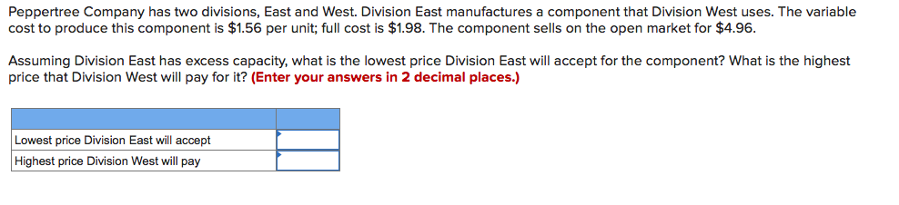 Peppertree Company has two divisions, East and West. Division East manufactures a component that Division West uses. The variable
cost to produce this component is $1.56 per unit; full cost is $1.98. The component sells on the open market for $4.96.
Assuming Division East has excess capacity, what is the lowest price Division East will accept for the component? What is the highest
price that Division West will pay for it? (Enter your answers in 2 decimal places.)
Lowest price Division East will accept
Highest price Division West will pay
