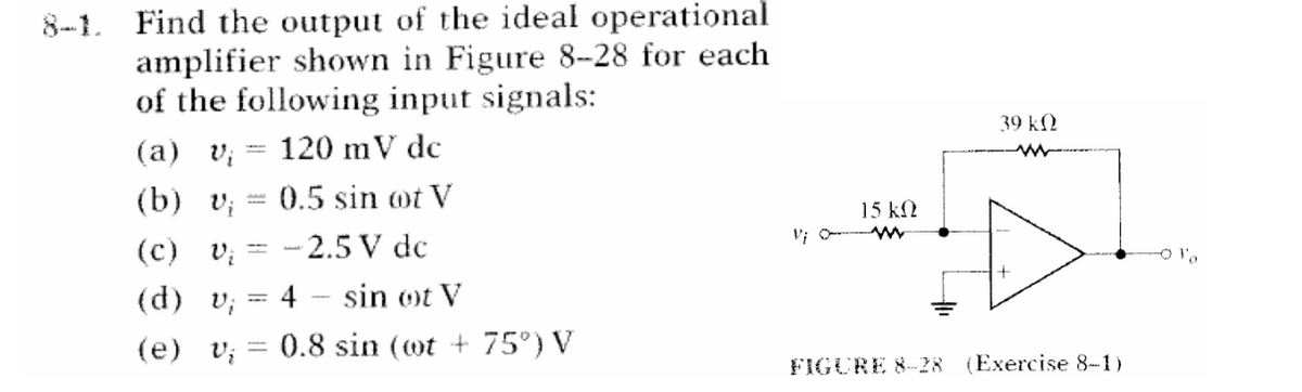 8-1. Find the output of the ideal operational
amplifier shown in Figure 8-28 for each
of the following input signals:
(a) Vi 120 mV dc
(b) Vi
0.5 sin of V
(c) Vi
-2.5 V dc
(d) v;
4 - sin ot V
0.8 sin (t + 75°) V
(e) Vi
-
-
15 ΚΩ
39 ΚΩ
FIGURE 8-28 (Exercise 8-1)
-01