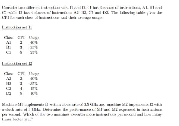 Consider two different instruction sets, Il and 12. Il has 3 classes of instructions, A1, B1 and
Cl while 12 has 4 classes of instructions A2, B2, C2 and D2. The following table gives the
CPI for each class of instructions and their average usage.
Instruction set Il
Class CPI Usage
Al
BI
Ci
2
40%
3
35%
5
25%
Instruction set 12
Class CPI Usage
40%
A2
B2
35%
15%
3
C2
4
D2
5
10%
Machine M1 implements Il with a clock rate of 3.5 GHz and machine M2 implements 12 with
a clock rate of 3 GHz. Determine the performance of M1 and M2 expressed in instructions
per second. Which of the two machines executes more instructions per second and how many
times better is it?
