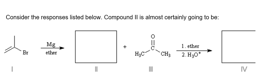 Consider the responses listed below. Compound II is almost certainly going to be:
Mg
1. ether
Br
ether
H3C
CH3
2. H30*
IV
