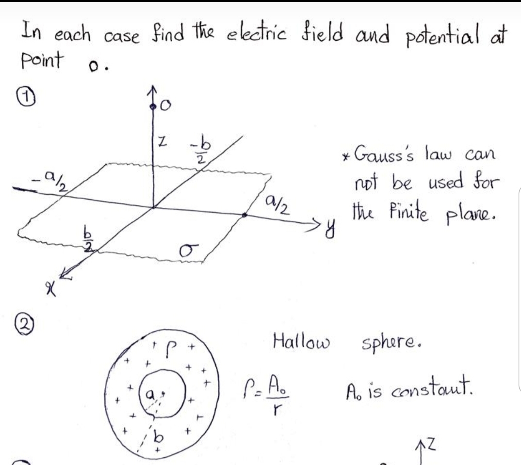 In each case find the electric field and potential at
point
0.
-b
* Gauss's law can
not be used for
the Pinite plane.
2
a/2
Hallow
sphere.
Ao is constaut.
AZ
2)
