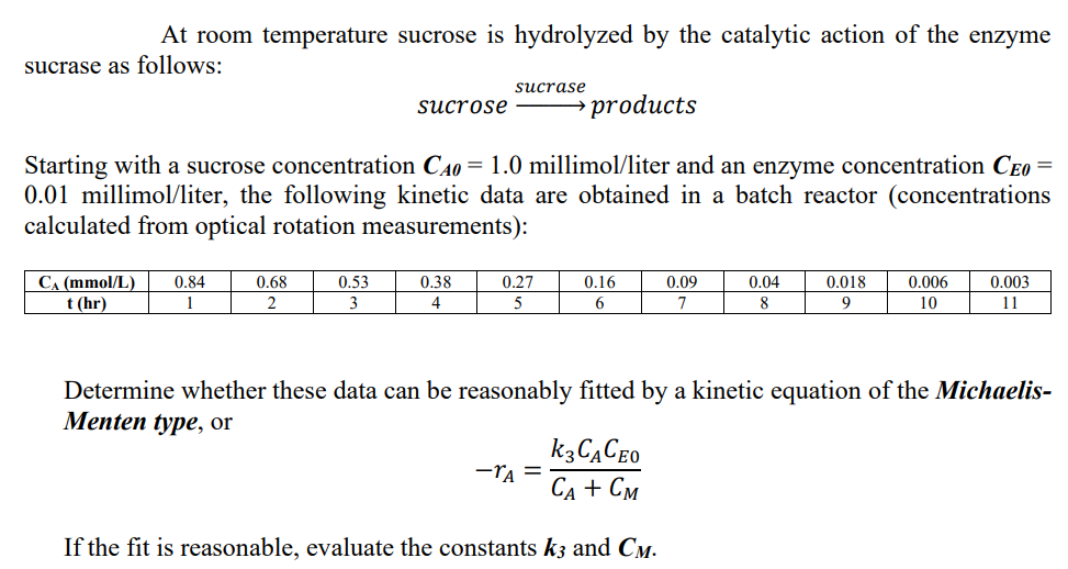At room temperature sucrose is hydrolyzed by the catalytic action of the enzyme
sucrase as follows:
sucrase
sucrose
products
Starting with a sucrose concentration C40 = 1.0 millimol/liter and an enzyme concentration Ceo =
0.01 millimol/liter, the following kinetic data are obtained in a batch reactor (concentrations
calculated from optical rotation measurements):
CA (mmol/L)
0.84
0.68
0.53
0.38
0.27
0.16
0.09
0.04
0.018
0.006
0.003
t (hr)
1
2
3
4
5
7
8
9
10
11
Determine whether these data can be reasonably fitted by a kinetic equation of the Michaelis-
Menten type, or
k3C,CeO
Са + См
-rA =
If the fit is reasonable, evaluate the constants k3 and CM.

