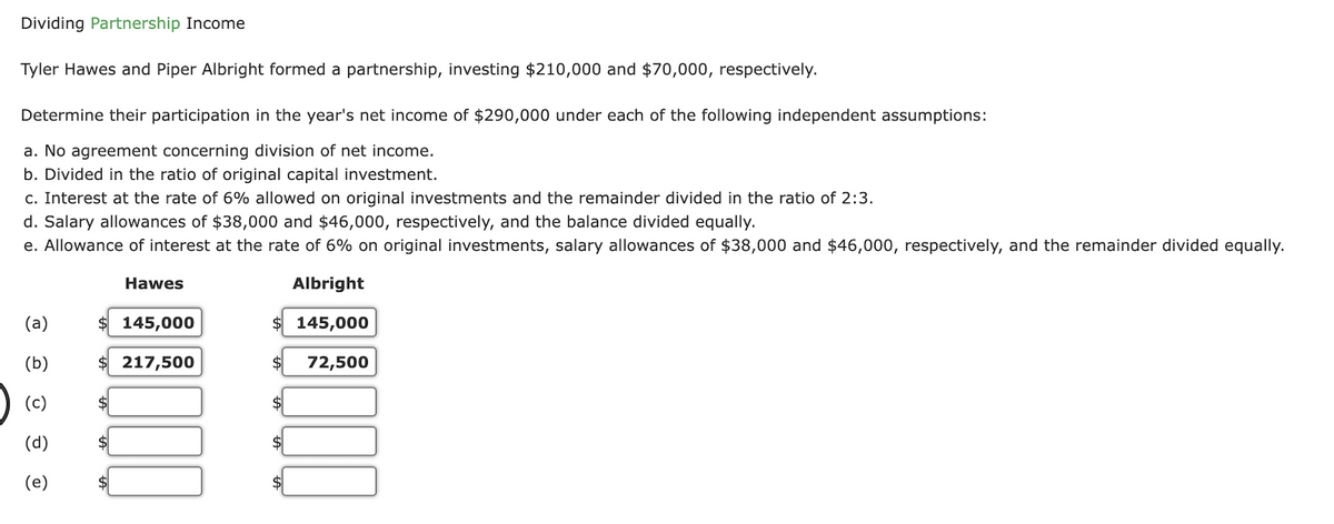 Dividing Partnership Income
Tyler Hawes and Piper Albright formed a partnership, investing $210,000 and $70,000, respectively.
Determine their participation in the year's net income of $290,000 under each of the following independent assumptions:
a. No agreement concerning division of net income.
b. Divided in the ratio of original capital investment.
c. Interest at the rate of 6% allowed on original investments and the remainder divided in the ratio of 2:3.
d. Salary allowances of $38,000 and $46,000, respectively, and the balance divided equally.
e. Allowance of interest at the rate of 6% on original investments, salary allowances of $38,000 and $46,000, respectively, and the remainder divided equally.
Albright
$ 145,000
$ 72,500
(a)
(b)
(c)
(d)
(e)
Hawes
$ 145,000
$ 217,500
$
$