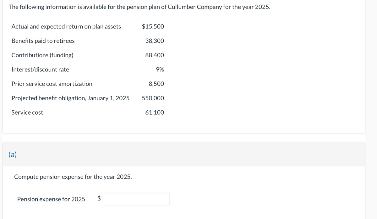 The following information is available for the pension plan of Cullumber Company for the year 2025.
Actual and expected return on plan assets
Benefits paid to retirees
Contributions (funding)
Interest/discount rate
Prior service cost amortization
Projected benefit obligation, January 1, 2025
Service cost
(a)
Compute pension expense for the year 2025.
Pension expense for 2025
$15,500
38,300
88,400
9%
8,500
550,000
61,100