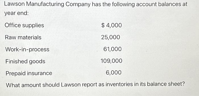 Lawson Manufacturing Company has the following account balances at
year end:
Office supplies
Raw materials
Work-in-process
$ 4,000
25,000
61,000
Finished goods
109,000
Prepaid insurance
6,000
What amount should Lawson report as inventories in its balance sheet?