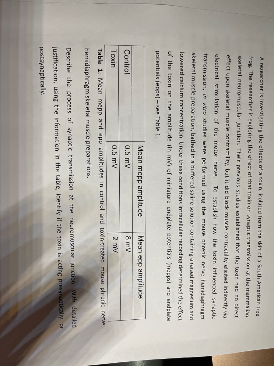 A researcher is investigating the effects of a toxin, isolated from the skin of a South American tree
frog. The researcher is exploring the effect of that toxin on synaptic transmission at the mammalian
skeletal neuromuscular junction. Their previous studies established that the toxin had no direct
effect upon skeletal muscle contractility, but it did block muscle contractility elicited indirectly via
electrical stimulation of the motor nerve.
To establish how the toxin influenced synaptic
transmission, in vitro studies were performed using the mouse phrenic nerve hemidiaphragm
skeletal muscle preparation, bathed in a buffered saline solution containing a raised magnesium and
lowered calcium concentration. Under these conditions intracellular recording determined the effect
of the toxin on the amplitude (in mV) of miniature endplate potentials (mepps) and endplate
potentials (epps) – see Table 1.
Mean mepp amplitude
Mean epp amplitude
Control
0.5 mV
8 mV
Toxin
0.5 mV
2 mV
Table 1: Mean mepp and epp amplitudes in control and toxin-treated mouse phrenic nerve
hemidiaphragm skeletal muscle preparations.
Describe the process of synaptic transmission at the neuromuscular junction. With detailed
justification, using the information in the table, identify if the toxin is acting presynaptically, or
postsynaptically.
