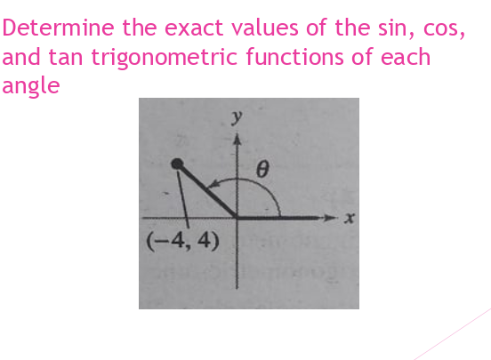 Determine the exact values of the sin, cos,
and tan trigonometric functions of each
angle
y
(-4, 4)
