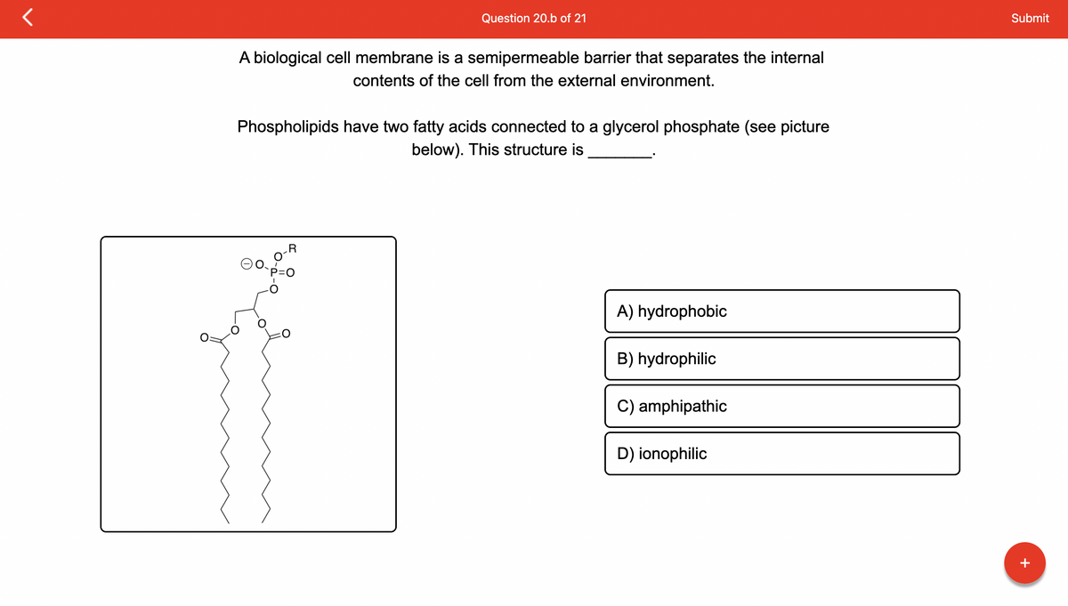 Question 20.b of 21
A biological cell membrane is a semipermeable barrier that separates the internal
contents of the cell from the external environment.
Phospholipids have two fatty acids connected to a glycerol phosphate (see picture
below). This structure is
A) hydrophobic
B) hydrophilic
C) amphipathic
D) ionophilic
Submit
+