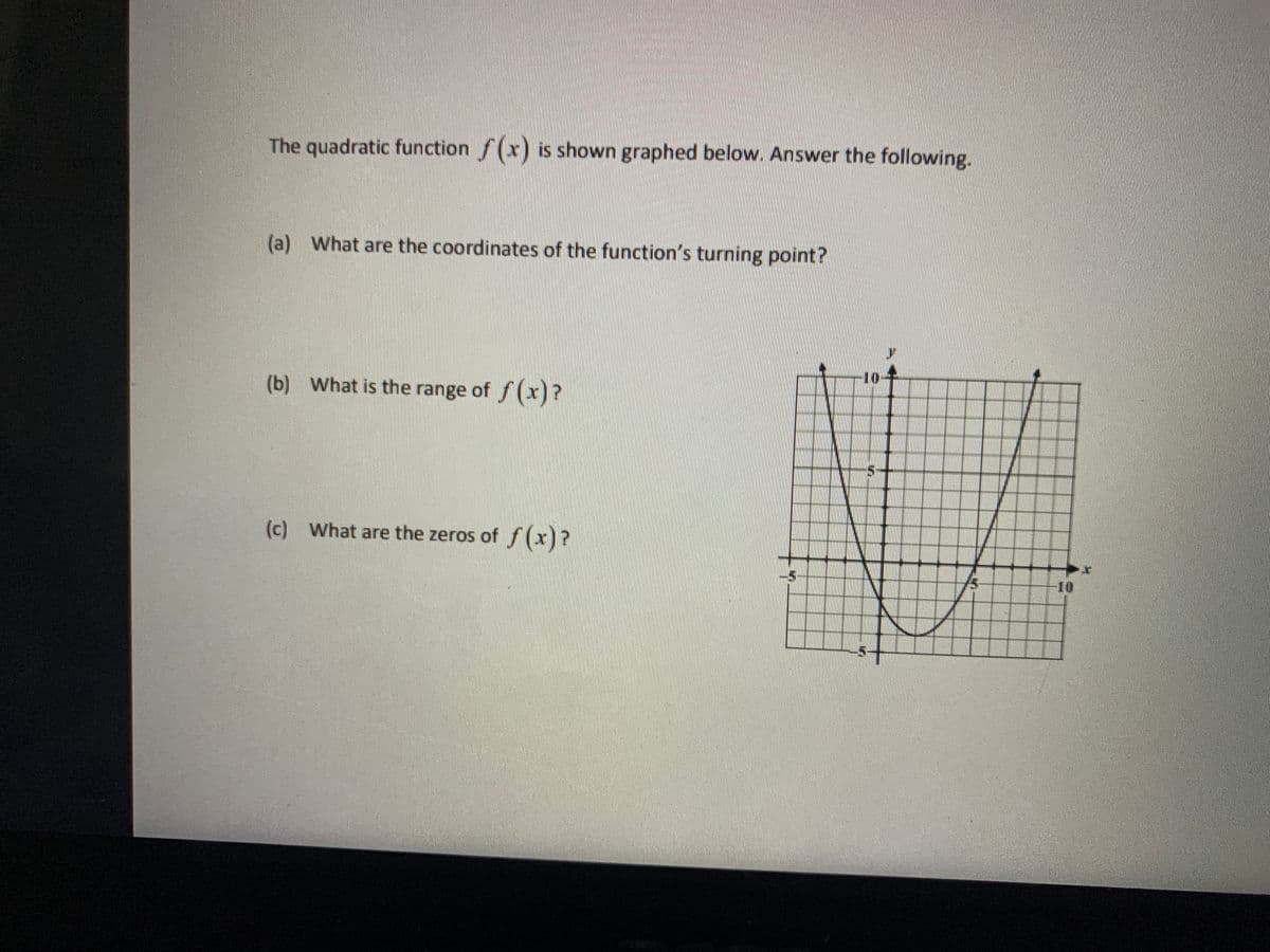 The quadratic function f(x) is shown graphed below. Answer the following.
(a) What are the coordinates of the function's turning point?
10-
(b) What is the range of f(x)?
(c) What are the zeros of f (x)?
10
