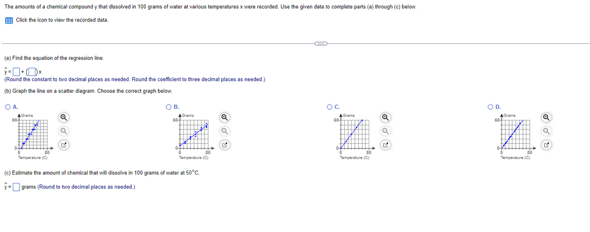 The amounts of a chemical compound y that dissolved in 100 grams of water at various temperatures x were recorded. Use the given data to complete parts (a) through (c) below.
Click the icon to view the recorded data.
(a) Find the equation of the regression line.
(Round the constant to two decimal places as needed. Round the coefficient to three decimal places as needed.)
(b) Graph the line on a scatter diagram. Choose the correct graph below.
○ A.
Grams
90-
✓
О в.
Grams
60-
0+
0
80
Temperature (C)
80
Temperature (C)
(c) Estimate the amount of chemical that will dissolve in 100 grams of water at 50°C.
ŷ=
grams (Round to two decimal places as needed.)
✓
ос.
Grams
60-
0
0
80
Temperature (C)
✓
○ D.
Grams
60-
0
80
Temperature (C)
✓