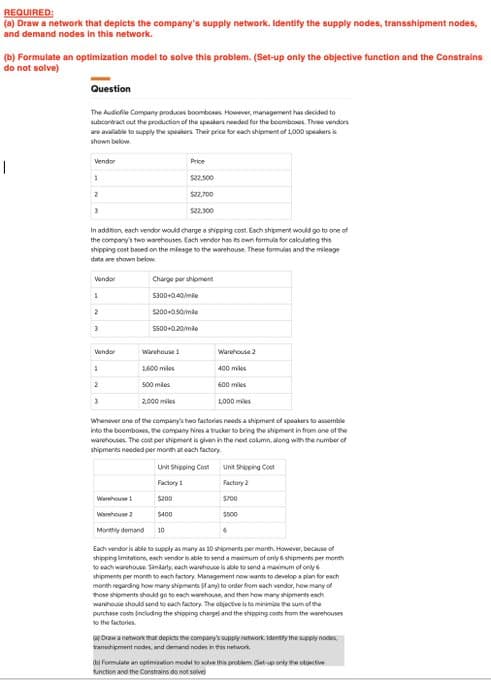 REQUIRED:
(a) Draw a network that depicts the company's supply network. Identify the supply nodes, transshipment nodes,
and demand nodes in this network.
(b) Formulate an optimization model to solve this problem. (Set-up only the objective function and the Constrains
do not solve)
1
Question
The Audiofile Company produces boomboxes. However, management has decided to
subcontract out the production of the speakers needed for the boomboxes. Three vendors
are available to supply the speakers. Their price for each shipment of 1,000 speakers is
shown below
Vendor
1
2
3
In addition, each vendor would charge a shipping cost. Each shipment would go to one of
the company's two warehouses. Each vendor has its own formula for calculating this
shipping cost based on the mileage to the warehouse. These formulas and the mileage
data are shown below
Vendor
1
2
3
Vendor
2
3
Warehouse 1
Price
$22,500
$22,700
$22,300
Charge per shipment
$300+0.40/m
$200+050/mle
$500+0.20/mile
1600 miles
500 miles
2,000 miles
Warehouse 1
Warehouse 2
Monthly demand
Warehouse 2
400 miles
600 miles
1,000 m
Whenever one of the company's two factories needs a shipment of speakers to assemble
into the boomboxes, the company hires a trucker to bring the shipment in from one of the
warehouses. The cost per shipment is given in the next column, along with the number of
shipments needed per month at each factory.
Unit Shipping Cost
Factory 1
$200
$400
10
Each vendor is able to supply as many as 10 shipments per month. However, because of
shipping limitations, each vendor is able to send a maximum of only & shipments per month
to each warehouse Similarly, each warehouse is able to send a maximum of only
shipments per month to each factory Management now wants to develop a plan for each
month regarding how many shipments if any) to order from each vandor, how many of
those shipments should go to each warehouse, and then how many shipments each
warehouse should send to each factory. The objective is to minimize the sum of the
purchase costs (including the shipping charge and the shipping costs from the warehouses
to the factories.
Unit Shipping Cost
Factory 2
$700
$500
4
Draw a network that depicts the company's supply network Identify the supply nodes.
transhipment nodes, and demand nodes in this network
(b) Formulate an optimization model to solve this problem (Set-up only the objective
function and the Constrains do not solve)