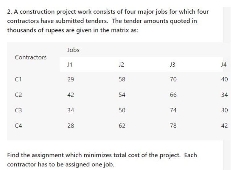 2. A construction project work consists of four major jobs for which four
contractors have submitted tenders. The tender amounts quoted in
thousands of rupees are given in the matrix as:
Contractors
C1
C2
C3
C4
Jobs
J1
29
42
34
28
J2
58
54
50
62
J3
70
66
74
78
Find the assignment which minimizes total cost of the project. Each
contractor has to be assigned one job.
J4
40
34
30
42