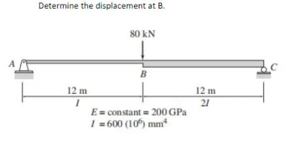 Determine the displacement at B.
12 m
I
80 kN
B
E = constant = 200 GPa
I=600 (106) mm²
12 m
21