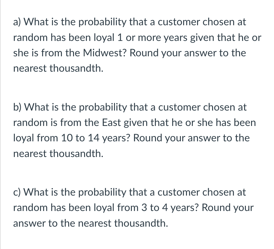 a) What is the probability that a customer chosen at
random has been loyal 1 or more years given that he or
she is from the Midwest? Round your answer to the
nearest thousandth.
b) What is the probability that a customer chosen at
random is from the East given that he or she has been
loyal from 10 to 14 years? Round your answer to the
nearest thousandth.
c) What is the probability that a customer chosen at
random has been loyal from 3 to 4 years? Round your
answer to the nearest thousandth.
