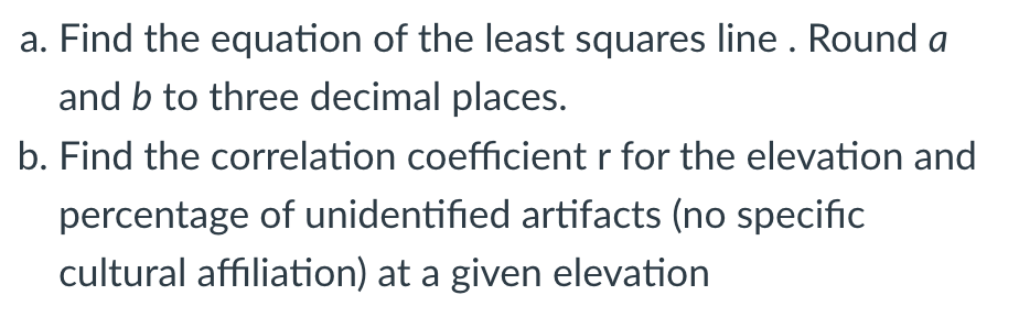 a. Find the equation of the least squares line. Round a
and b to three decimal places.
b. Find the correlation coefficient r for the elevation and
percentage of unidentified artifacts (no specific
cultural affiliation) at a given elevation
