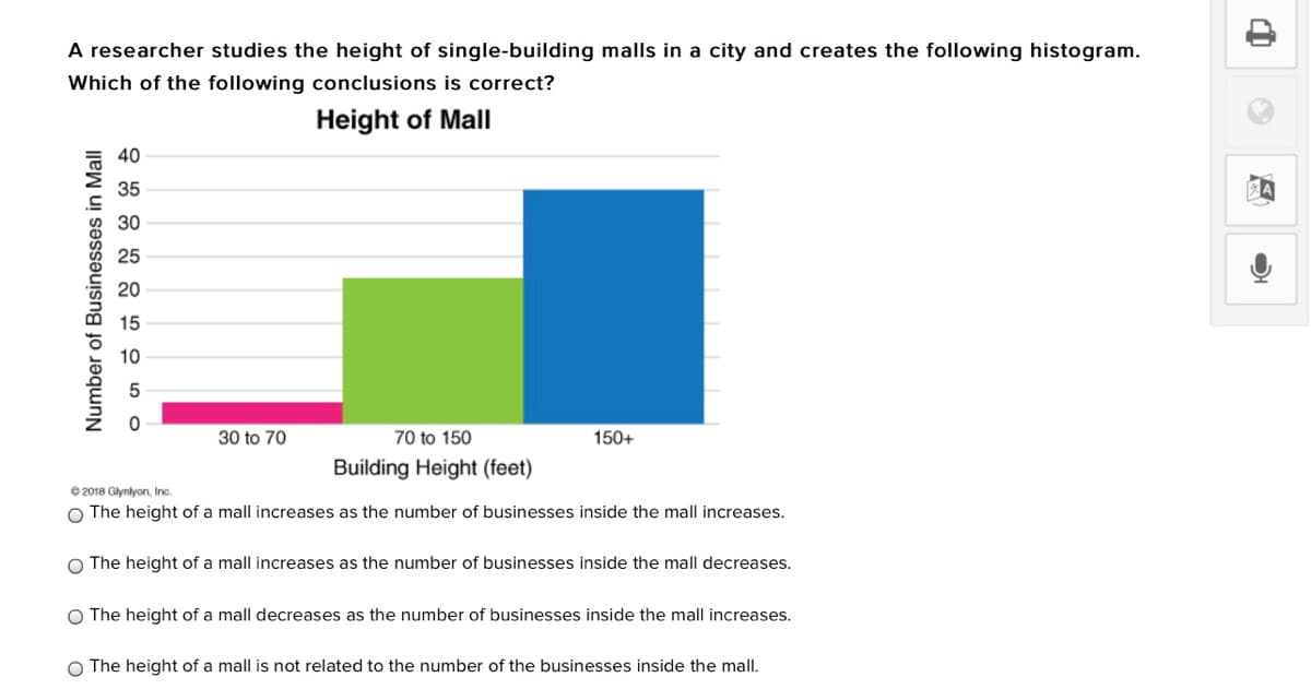 A researcher studies the height of single-building malls in a city and creates the following histogram.
Which of the following conclusions is correct?
Height of Mall
40
35
30
25
20
15
10
30 to 70
70 to 150
150+
Building Height (feet)
e 2018 Glynlyon, Inc.
O The height of a mall increases as the number of businesses inside the mall increases.
O The height of a mall increases as the number of businesses inside the mall decreases.
O The height of a mall decreases as the number of businesses inside the mall increases.
O The height of a mall is not related to the number of the businesses inside the mall.
Number of Businesses in Mall

