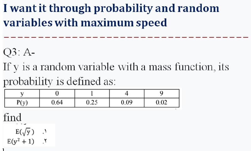 I want it through probability and random
variables with maximum speed
Q3: A-
If y is a random variable with a mass function, its
probability is defined as:
y
0
1
4
9
P(y)
0.64
0.25
0.09
0.02
find
E(√y) .)
E(y² + 1)