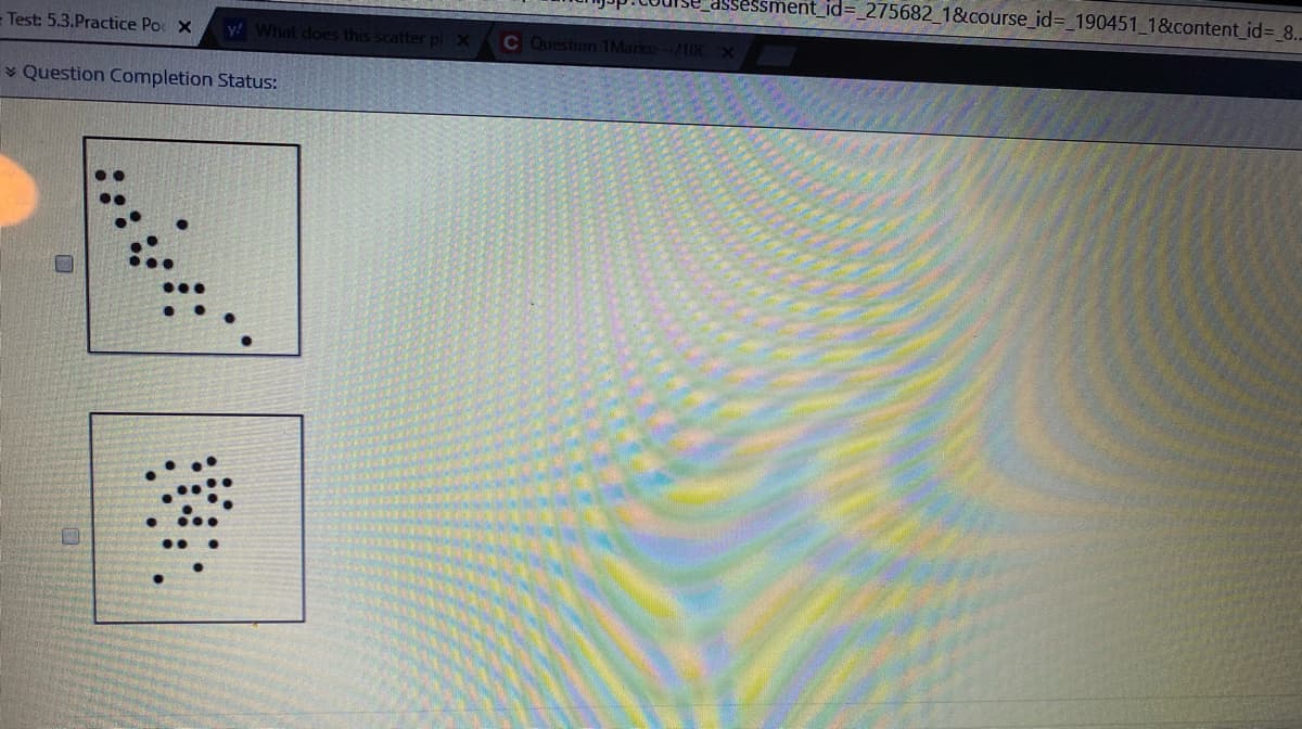 ent_id%=_275682_1&course_id%3_190451_1&content_id%3D_8..
- Test: 5.3.Practice Po X
y What does this scatter plX
C Questmn 1Marks-/UX
Question Completion Status:
