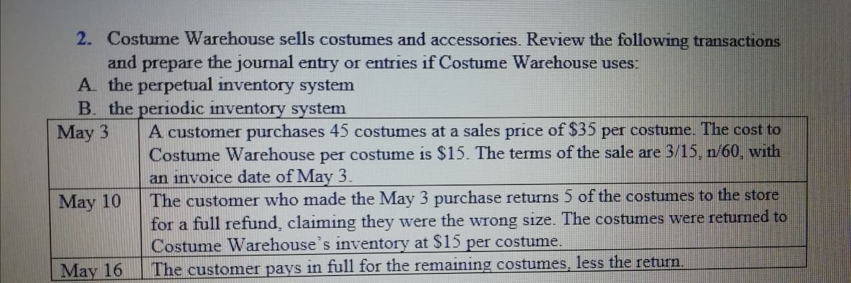 2. Costume Warehouse sells costumes and accessories. Review the following transactions
and
prepare the journal entry or entries if Costume Warehouse uses:
A. the perpetual inventory system
B. the periodic inventory system
May 3
A customer purchases 45 costumes at a sales price of $35 per costume. The cost to
Costume Warehouse per costume is $15. The terms of the sale are 3/15, n/60, with
an invoice date of May 3.
The customer who made the May 3 purchase returns 5 of the costumes to the store
for a full refund, claiming they were the wrong size. The costumes were returned to
Costume Warehouse's inventory at $15 per costume.
May 10
May 16
The customer pays in full for the remaining costumes, less the return.
