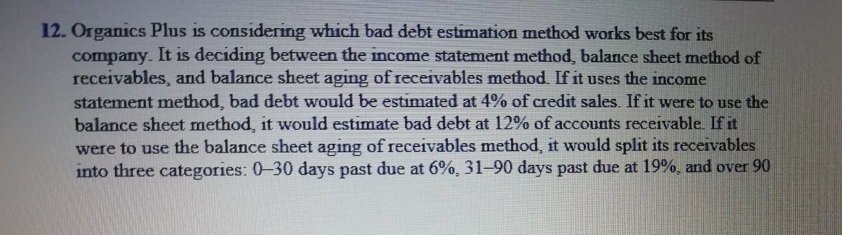 12. Organics Plus is considering which bad debt estimation method works best for its
company. It is decidıng between the ncome statement method, balance sheet method of
receivables, and balance sheet aging of recervables method. If it uses the income
statement method, bad debt would be estimated at 4% of credit sales. If it were to use the
balance sheet method, it would estimate bad debt at 12% of accounts receivable. If it
were to use the balance sheet aging of receivables method, it would split its receivables
into three categories: 0-30 days past due at 6%, 31-90 days past due at 19%, and over 90
