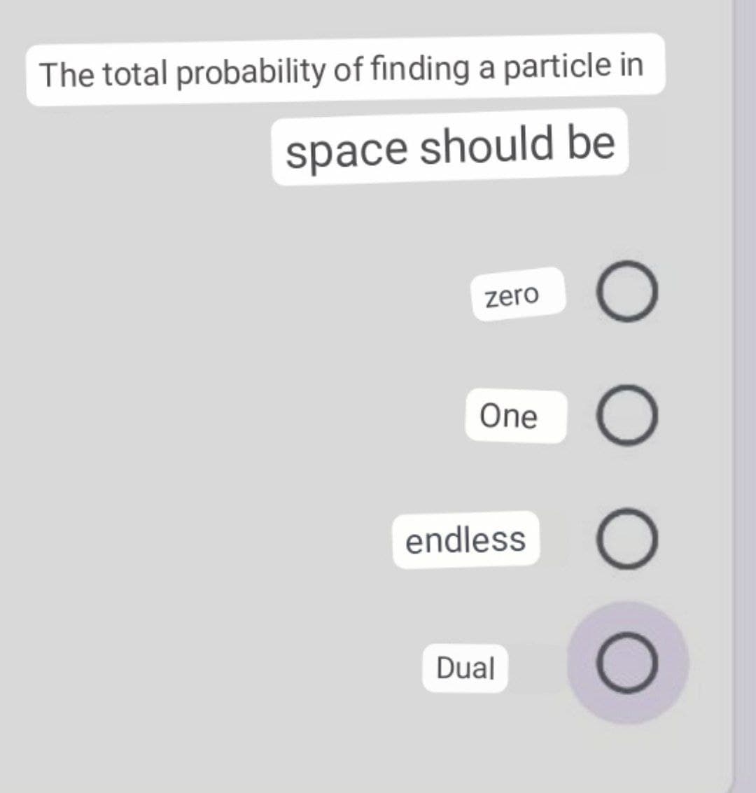 The total probability of finding a particle in
space should be
zero
One
endless
Dual
