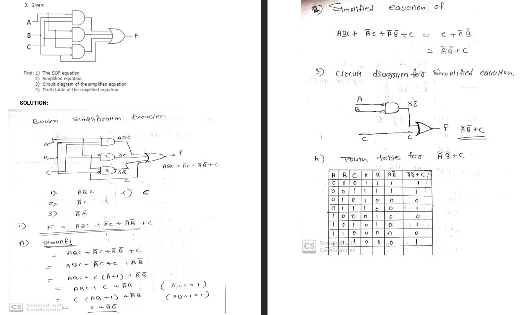 3. Given:
Simplified
equaion of
A-
B
ABC + Ac + Ã§+c
- Ā § +c
Find: 1) The SOP equation
2) Simplified equation
3) Circuit diagram of the simplified equation
4) Truth table of the simplified equation
3)
Circuit diaoum for Simplied eauaHon,
SOLUTION:
A
Boolen
Simpltticatton fxorcier
ABC
ABC + hc + ñE+c
Touth ta ble tor
イ)
27
O 0 o
3)
:)
ABC + Ac + AB +c
Simplify
ABc +ĀC+Ã ē +c
Scanted Iwith 000
Cs
CamSeanner
ABC + Ac +c +Ã B
ABC+ C Cñ +Ãē
ABC + C +AS
C CAB +1) +Ã€
CS
Scanned with
CamScanner
-|-ool olel
