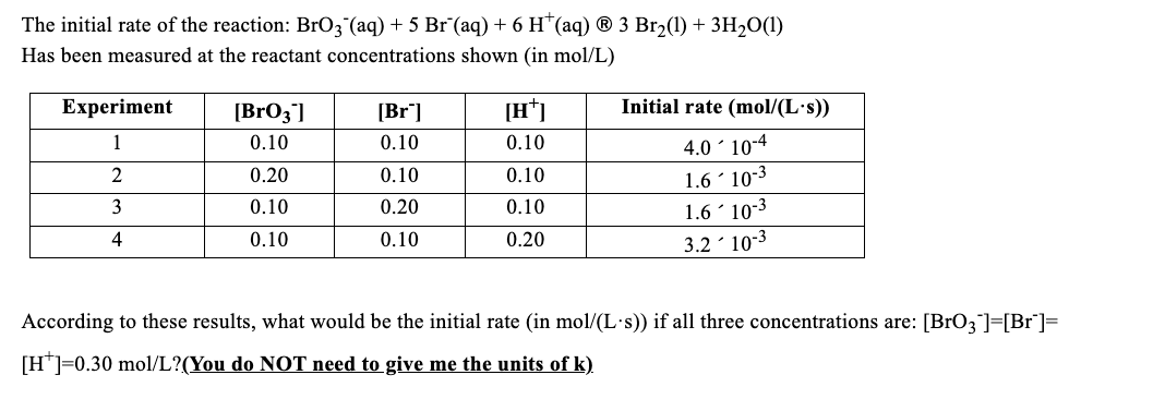 The initial rate of the reaction: BrO3(aq) + 5 Br¯(aq) + 6 H*(aq) ® 3 Br₂(1) + 3H₂O(1)
Has been measured at the reactant concentrations shown (in mol/L)
Experiment
1
2
3
4
[BrO3]
0.10
0.20
0.10
0.10
[Br]
0.10
0.10
0.20
0.10
[H+]
0.10
0.10
0.10
0.20
Initial rate (mol/(L.s))
4.0 10-4
1.6 10-3
1.610-3
3.210-3
According to these results, what would be the initial rate (in mol/(L·s)) if all three concentrations are: [BrO3 ]=[Br"]=
[H]=0.30 mol/L?(You do NOT need to give me the units of k)
