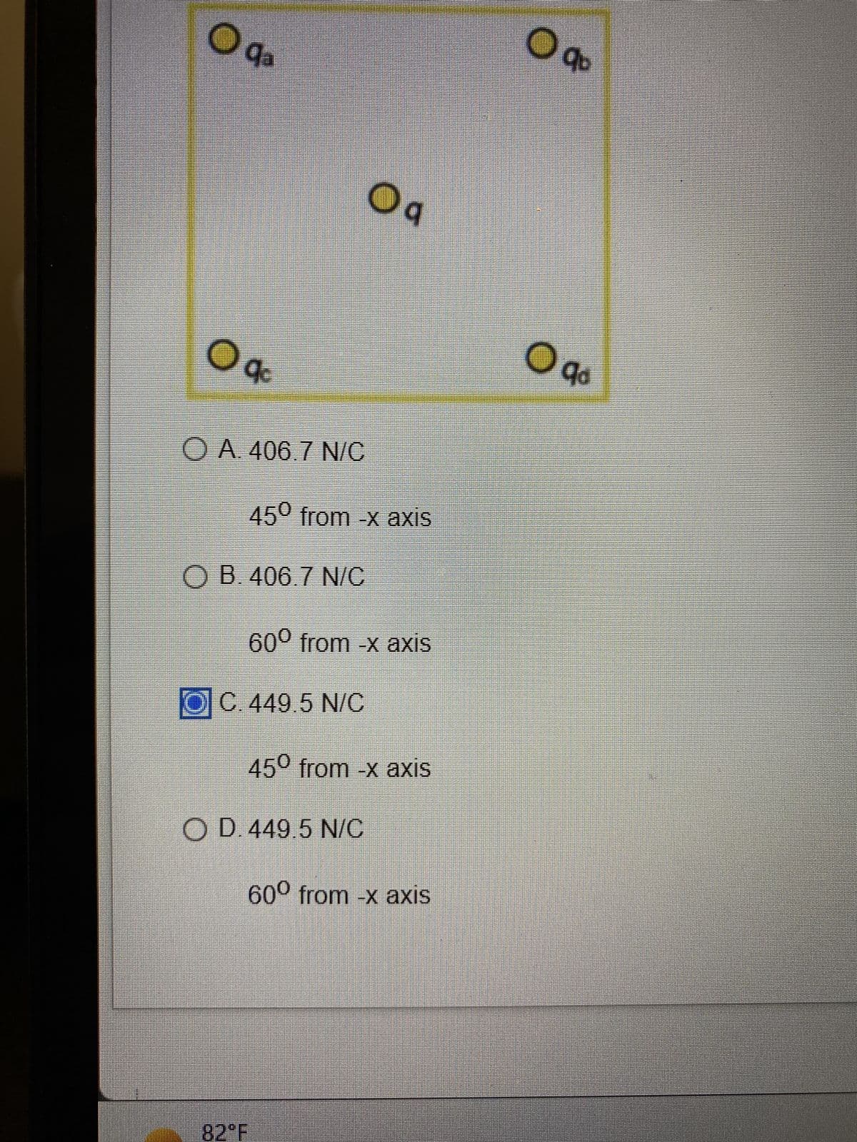 Oq₂
O ac
● A. 406.7 N/C
450 from -x axis
OB. 406.7 N/C
O q
600 from -x axis
OC. 449.5 N/C
450 from -x axis
O D. 449.5 N/C
600 from -x axis
09
O qo