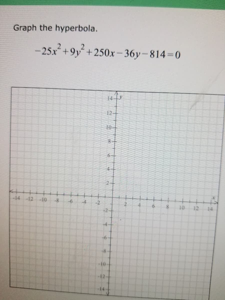 Graph the hyperbola.
-25x +9y +250x- 36y-814=0
14y
12
10-
4
-14
-12-10
-8
-6
-4
4
6.
-2-
10
12
14
-4.
-8
-10-
-12
-14
6.
2.
