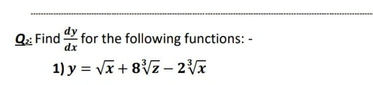 dy
Q: Find
for the following functions: -
dx
1) y = Vx + 8Vz – 2x
