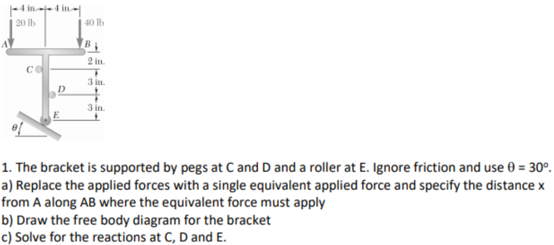 4 in. 4 in.
20 lb
40 lb
2 in.
CO
3 in.
3 in.
E
1. The bracket is supported by pegs at C and D and a roller at E. Ignore friction and use 0 = 30°.
a) Replace the applied forces with a single equivalent applied force and specify the distance x
from A along AB where the equivalent force must apply
b) Draw the free body diagram for the bracket
c) Solve for the reactions at C, D and E.
